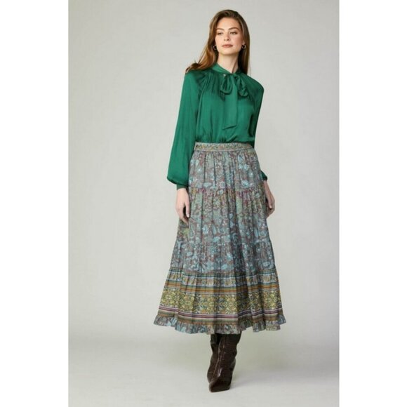 💕CURRENT AIR💕 Paisley Border Print Long Tiered Skirt ~ Multi-Color Small S NWT - Picture 1 of 16